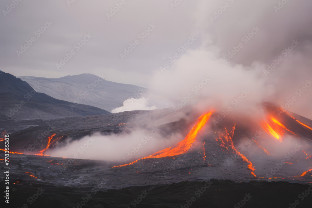 Fototapeta premium Red flames and smoke billow from a mountain forest fire, threatening the natural landscape