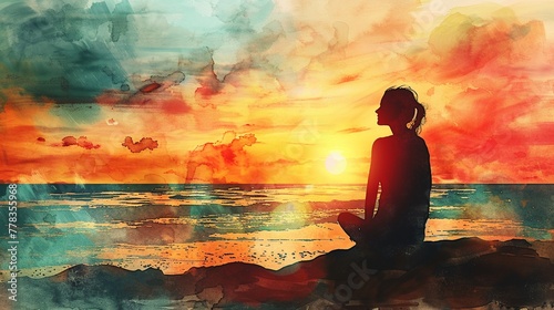 Calm woman enjoying a sunset beach, vibrant colors, abstract watercolor illustration, space for copy on top