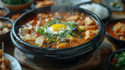 Korean Kimchi Jjigae on Decorated Table for HD Wallpaper with Cinematic Effect photo