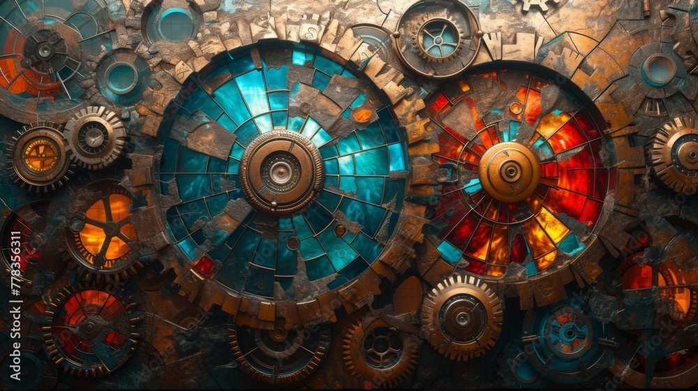 Steampunk inspired artwork blending intricate gear mechanisms with a mosaic of colored glass.