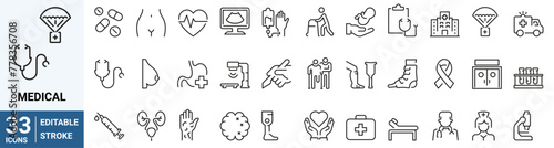 Healthcare and medicine line web icons. Hospital services. Dermatology, gynecology, oncology, dentistry. Collection of Outline Icons. Vector illustration.