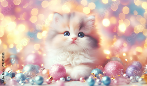 Lovely cute kitten with Christmas background pastel colour & Christmas decorate light bokeh