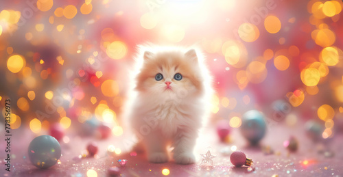 Lovely cute kitten with Christmas background pastel colour & Christmas decorate light bokeh