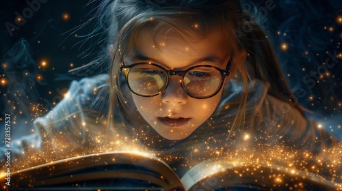 enchanted moment, young reader glasses, storybook magic dust, expression of wonder