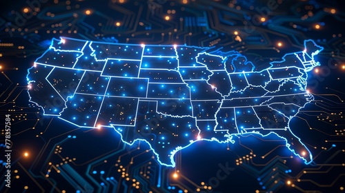 The map of the United States of America with a chip or CPU processor on a circuit board. America tech background. Microelectronics industry. 3D rendering.