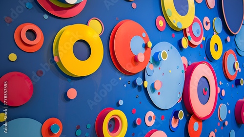 Colorful circles and dots on a blue surface confetti background. 3d rendering, 3d illustration Vibrant color gradients, focus stacking soft and rounded shape blue background.