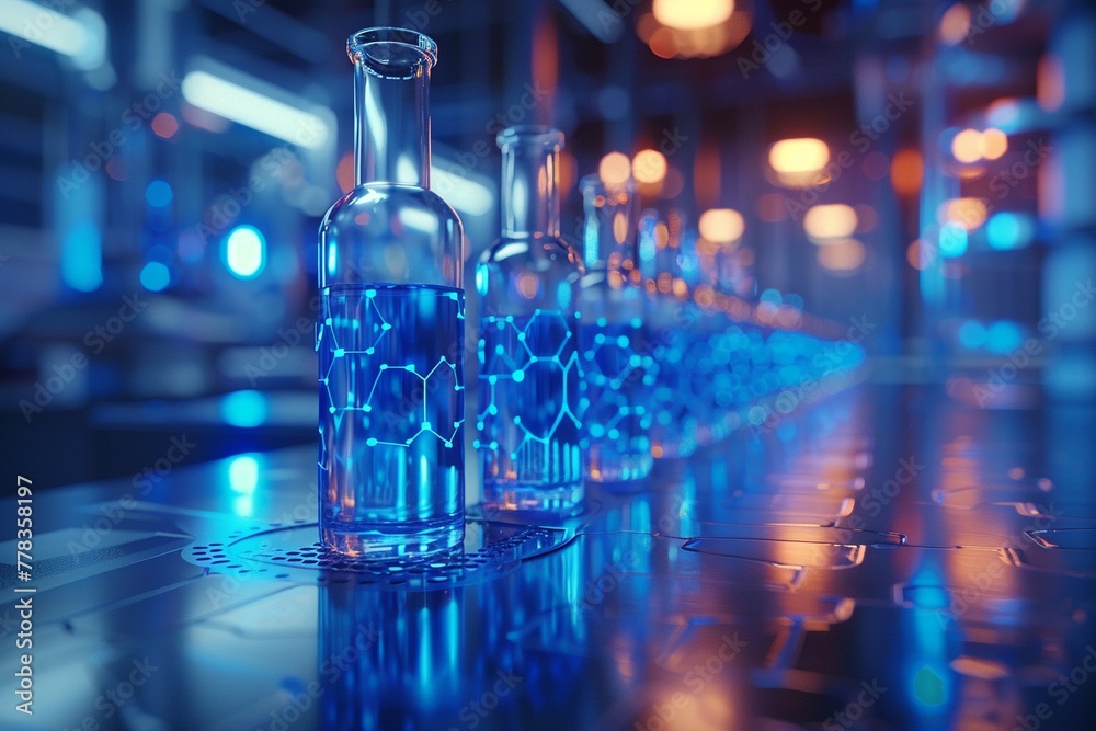 Futuristic laboratory with scientists examining blue chemical reactions, innovative pharmacy technology, soft focus on background apparatus Futuristic laboratory with scientists examining blue chemical reactions, innovative pharmacy technology, soft focus on background apparatus