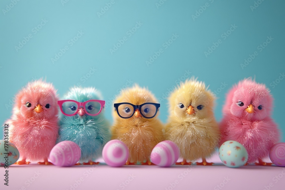 A pastel backdrop features Easter chicks wearing glasses, encircled by chocolate eggs. Generative Ai