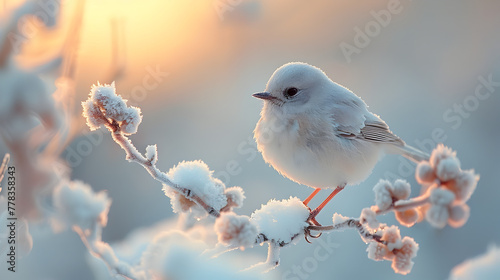Little Cute Fluffy White Bird in Hoarfrost on a Branch