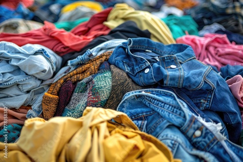 A pile of garments in a landfill, symbolizing the waste of fast fashion. Generative Ai