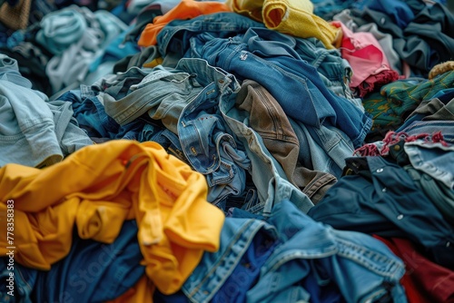 A pile of garments in a landfill, symbolizing the waste of fast fashion. Generative Ai