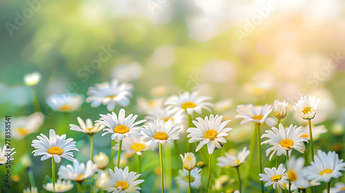 background with green grass and magerite or daisy flowers