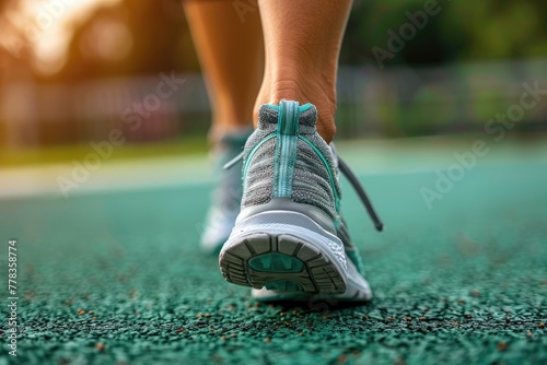 A woman experiencing foot discomfort on a sports field, an Achilles tendon injury. Generative Ai