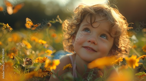 A cute child enjoys the beauty of nature on a sunny summer day. © valiantsin