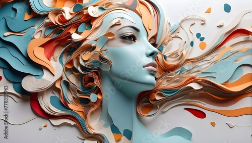 A paper art sculpture of a woman with flowing hair. The sculpture is in blue, orange, and red colors. The woman's face is a light blue color. Her eyes are a dark green color. Her lips are a dark red  © Shani Studio