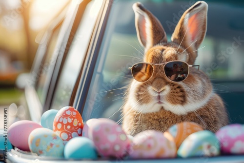 Adorable Easter bunny with shades gazing out of an opulent vehicle. Generative Ai