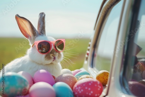 Adorable Easter bunny with shades gazing out of an opulent vehicle. Generative Ai