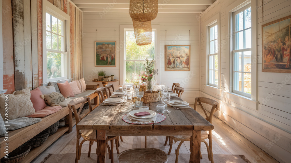 Rustic Country Dining Room with Natural Light and Artistic Decor