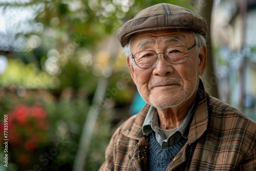 An amicable granddad from Asia outside with copy space. Generative Ai