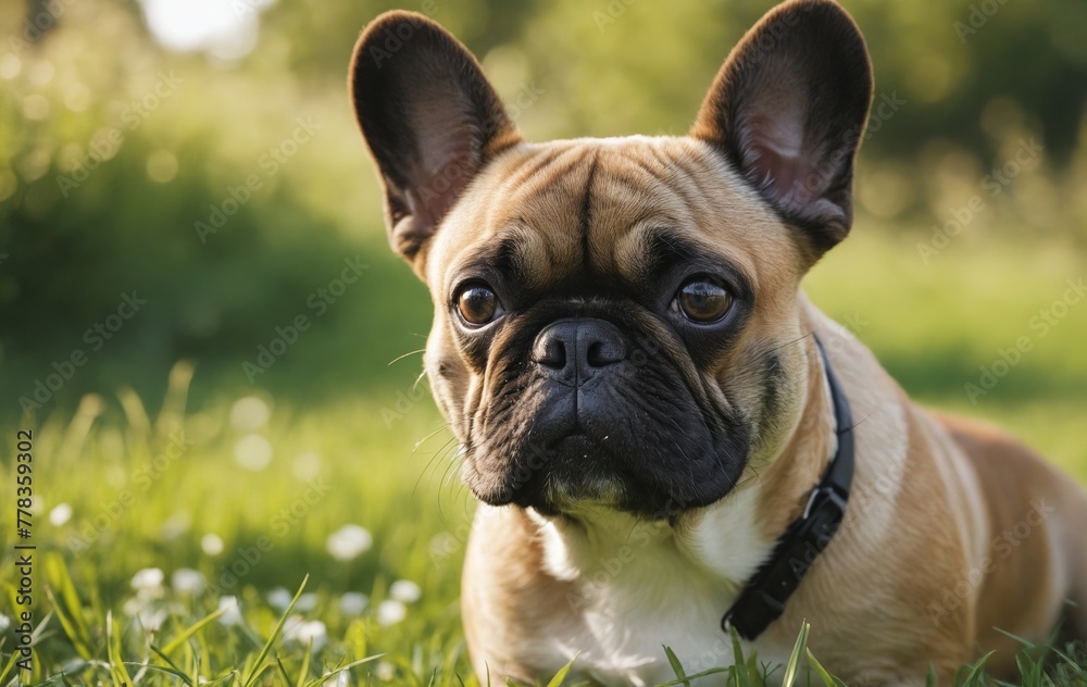 Fawn toy dog with whiskers and wrinkles laying in grass, staring at camera
