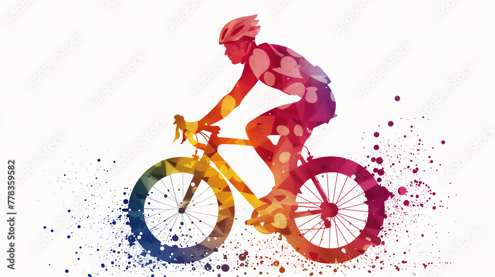 A male cyclists road racer, ebike rider or mountain biker shown in a colourful contemporary athletic abstract design for a poster or flyer, stock illustration image - obrazy, fototapety, plakaty 