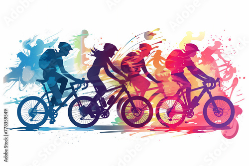 A diverse group of a female cyclists road racers, ebike riders and mountain bikers shown in a contemporary athletic abstract design, stock illustration image 