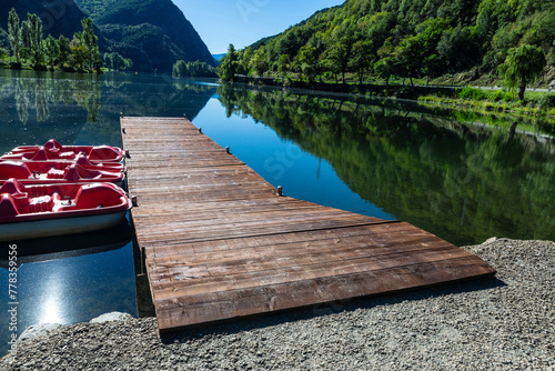 Pier and wooden walkway on a lake, Lleida, Catalonia, Spain photo