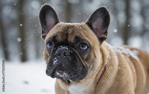 Fawn Bulldog laying in snow, staring at camera with wrinkled snout and whiskers