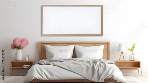 Mockup of picture frame in minimal bedroom