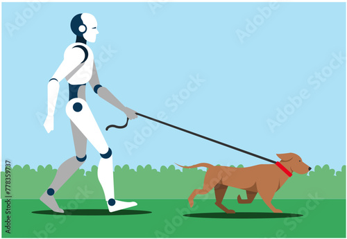 Robot walks a dog on a leash in a park