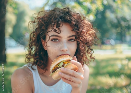 Portrait of beautiful young woman with curly hair Eating a hamburger.