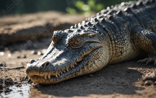 a close up of a crocodile laying on the ground with its mouth open