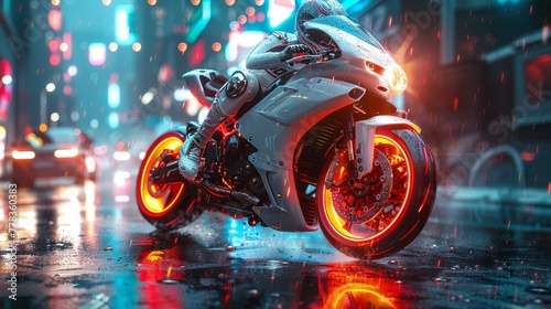 The cyborg woman on the motorbike is a robot. The cyborg woman is riding the motorcycle on the road. Cyborg woman on white sport motorcycle. Cyberpunk sci-fi vehicle. White fiction motorcycle in