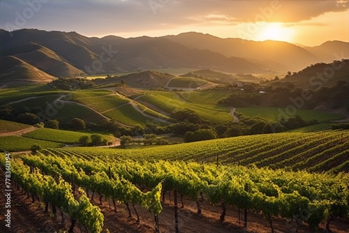 Wallpaper Mural sunset over rolling green vineyards in California, warm colors, landscape photography, realism, exterior, impressionism Torontodigital.ca