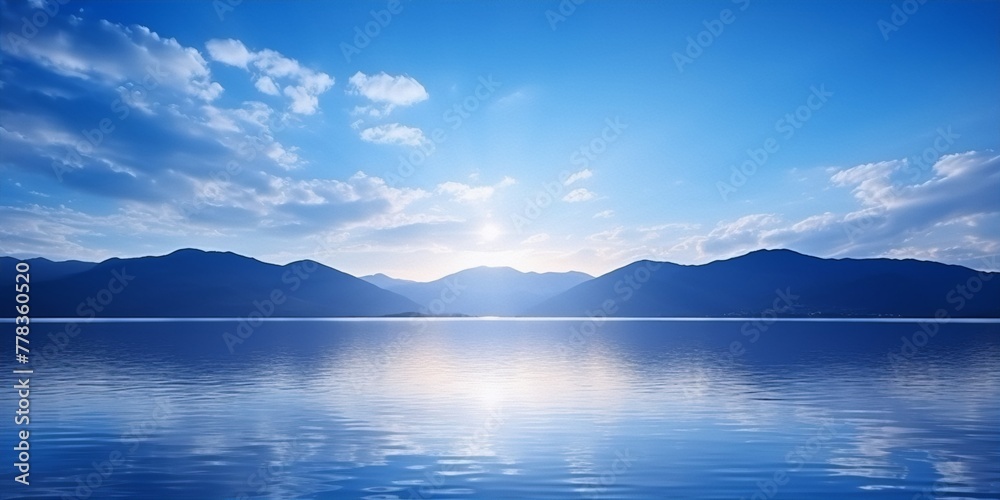 custom made wallpaper toronto digitalBlue mountains and lake landscape at sunset in minimal style, digital art