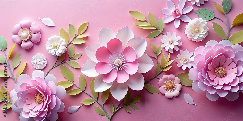 Fototapeta premium Paper flowers and leaves on pink background. AI generated