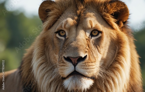 Close up of a lions face with whiskers and mane  staring at the camera