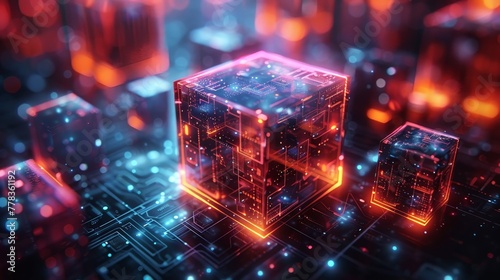 3d geometrical and abstract background. Digital Fintech analytics concept illustration. Cyber data chart. Technology abstract concept. Neon Cube, spheres, data charts.
