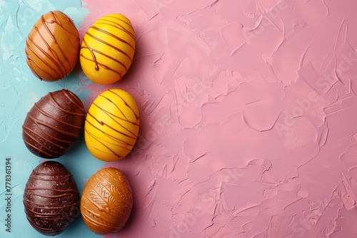 Easter concept with a colorful backdrop of a group of chocolate eggs wrapped in a folio. Generative Ai
