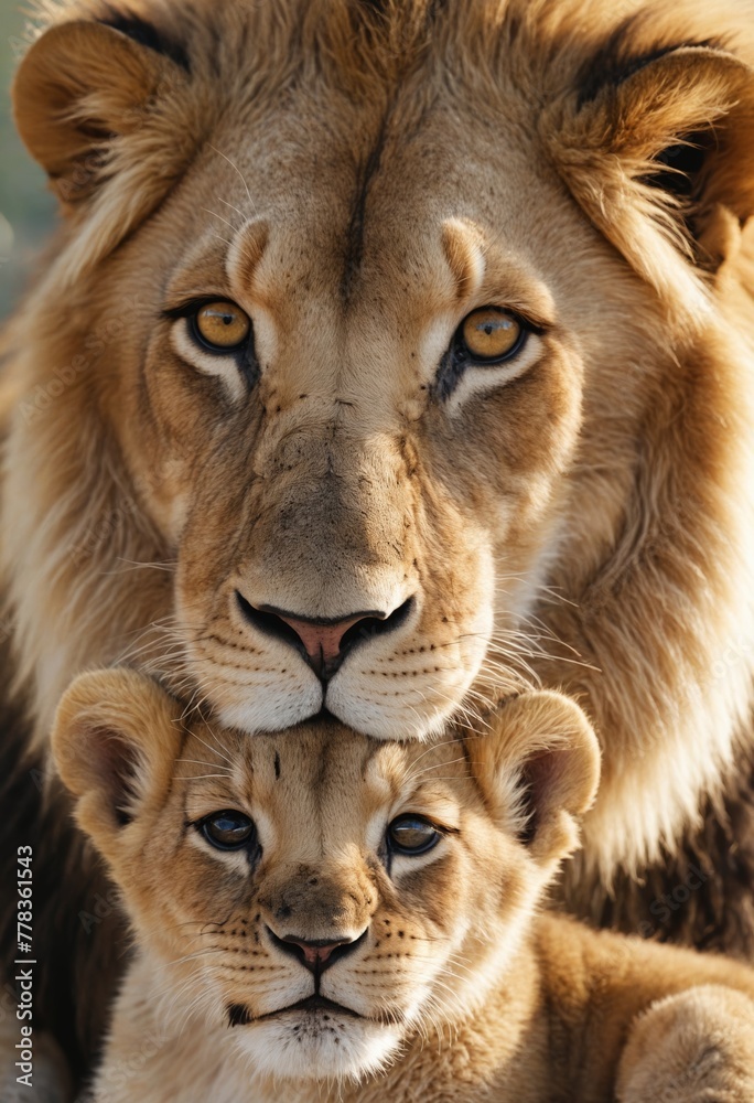 Photograph of a white Felidae and its cub laying on top of each other in nature