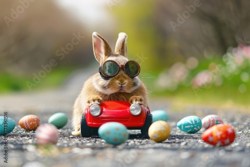 Easter eggs on the road, Easter bunny wearing goggles in a racing red automobile. Generative Ai