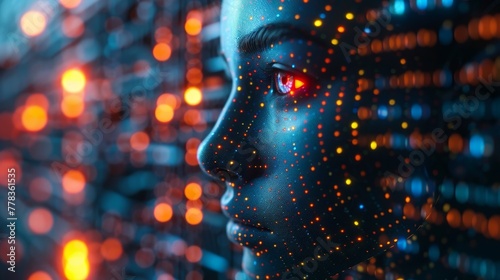 A robot trader working on the stock market using artificial intelligence. Artificial intelligence in business, fintech. Artificial intelligence looking at trading charts information. Neural networks