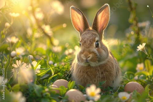 Easter rabbit in a meadow, happy Easter with eggs and copy space. Generative Ai © Planum