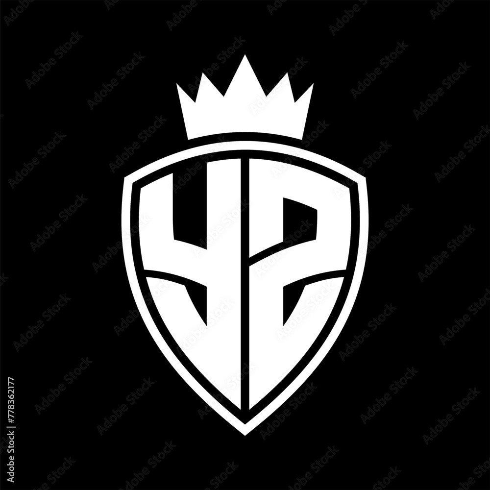 YZ Letter monogram shield and crown outline shape with black and white ...