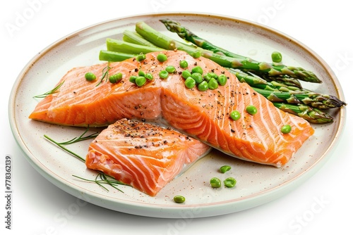 Freshly grilled fish on a plate with green asparagus isolated high angle view on a white backdrop. Generative Ai