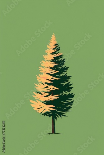 A minimalist vector illustration of a pine tree with a yellow-orange crown and a dark green trunk, set against a solid green background, in a flat design style.