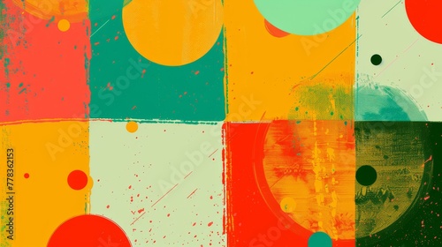 Bold abstract design with splattered paint effects and colorful circles creating a vibrant collage..