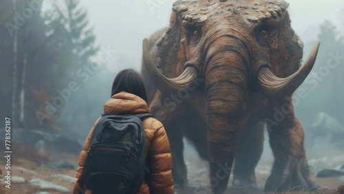 A person is standing in front of a large elephant 4K motion photo