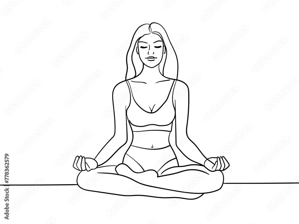 Girl sitting in meditation continuous line art drawing isolated on white background. Concentration line art drawing. Vector illustration Girl sitting in meditation continuous line art drawing isolated on white background. Concentration line art drawing. Vector illustration