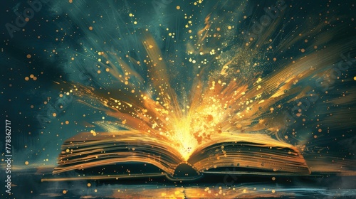 Illustration of open book and boom explode crash bang with vintage style light photo